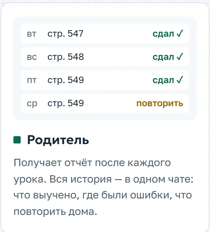 Снимок экрана: Экран родителя в прототипе: страницы, сданные по дням